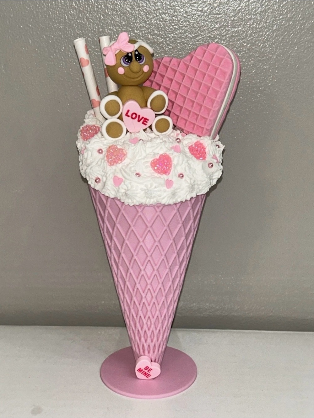 Pink Fake Gingerbread Whip Cream Ice Milkshake Dessert Display Handmade